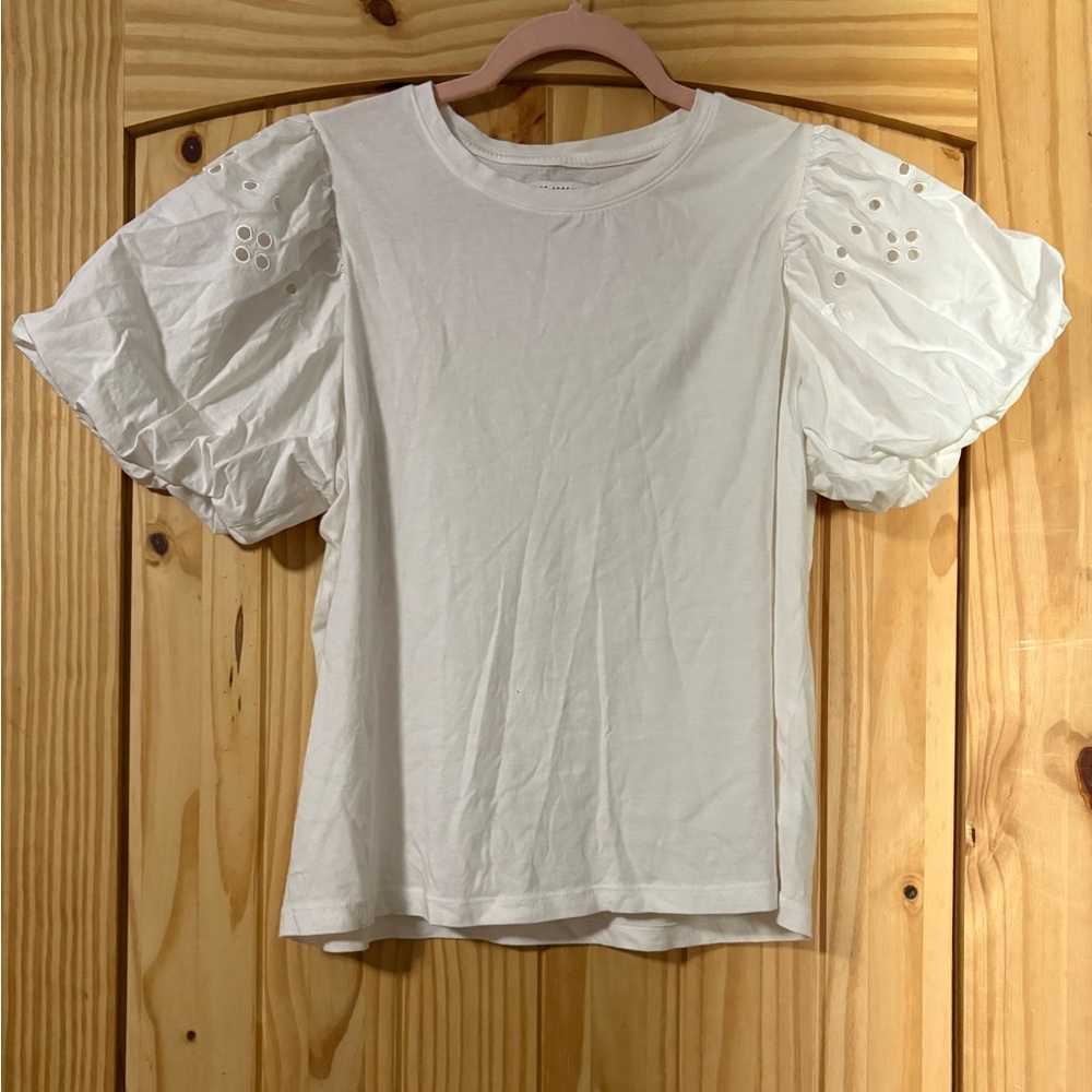 Free Assembly White Puff Sleeve Eyelet Detail T-Shirt - Size Large